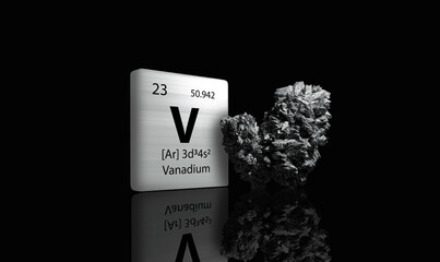 Vanadium element on a metal periodic table with silvery grey metamictic Vanadium on dark background. 3D rendered icon and illustration.