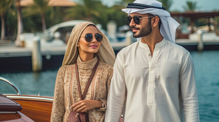 Arabic couple with traditional clothes dating outdoors. Vacation on a tropical island with a yacht port in the background