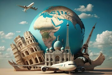 world tourism day with landmarks and transport. generative ai