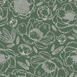 © ausra - Peony flowers outline seamless pattern on green background. Hand drawn, retro, vintage