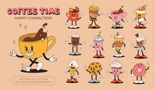 Collection Cute Cartoon Characters Of Coffee Takeaway And Pastries Donut, Chocolate Chip Cookie, Ice Cream And Cupcake. Vector Illustration. Isolated Desserts Food And Drink In Retro Nostalgic Style