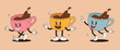 © tanyabosyk - Retro cartoon coffee cup character set. Mug mascot in different poses. 70s-80s groovy contour vector illustration. Espresso black coffee cup.