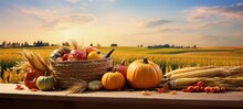 Thansgiving Erntedank Agriculture Harvest  Banner - Pumpkins And Corn On The Cob In A Basket With Defocused Landscape Field In The Background (Generative Ai)
