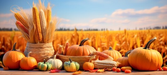 Thansgiving Erntedank agriculture harvest  banner - Pumpkins and corn on the cob in a basket with defocused landscape field in the background (Generative Ai)