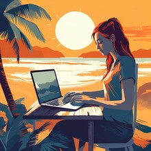 A Freelance Girl On The Beach Under A Palm Tree. A Business Woman Is Sitting On The Coast And Working With A Laptop. Generative AI