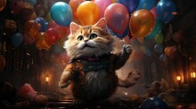 In The Sky, A Cat Clings To Floating Balloons Amidst Confetti. (Generative AI)