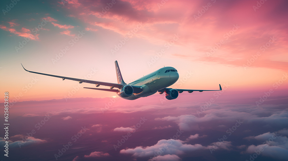 Passenger plane flies among clouds of sunset sunbeams in pink and ...
