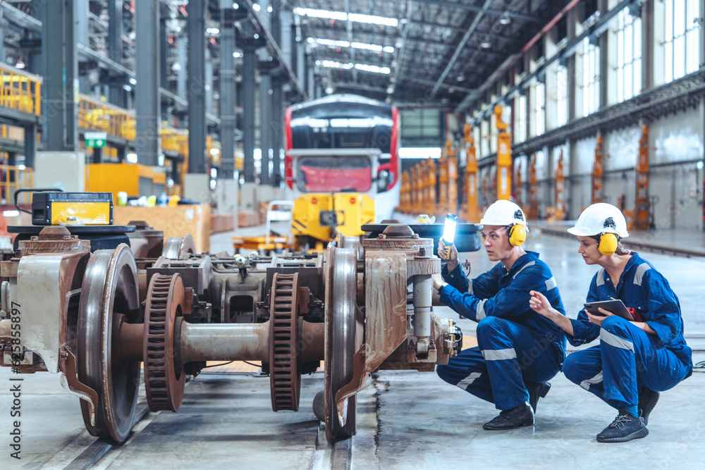 Caucasian male technician and female engineer wearing safety helmet ...