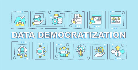 Data democratization text concept with various icons on blue monochromatic background, 2D vector illustration.