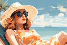 Beautiful Caucasian Woman In Glasses And A Hat Relaxing On The Beach On A Sunny Summer Day. Seaside Vacation Illustration, Travel, Leisure