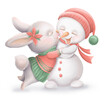 Cute cartoon rabbit with snowman, Christmas card friends baby bunny hugs snowmen hand drawn illustration