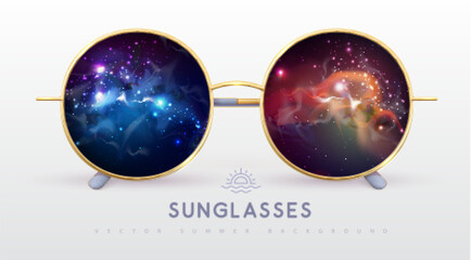 Wall Mural - realistic round shaped sunglasses with outer space, universe, starfield and nebula inside. vector il
