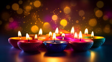 Happy Diwali. Colorful Oil Lamp Diwali On Dark Background With Gold Bokeh Lights And Sparks. Copy Space. Ai Generative.