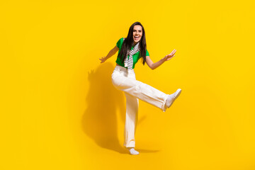 Sticker - Full length photo of nice overjoyed person enjoy dancing partying good mood isolated on yellow color background