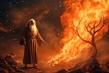 Gods Appearance To Moses At The Burning Bush In The Desert On Mount Sinai Generative AI Illustration