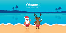 Cute Santa And Deer With Sunglasses On Paradise Beach Summer Christmas Holiday Vector Illustration EPS10