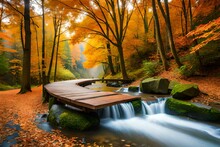 3d Rendered Illustration Of Autumn Forest Scene With Wood Bridge And Water Stream Generative Ai