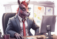 A Mule In A Suit Sits In The Office In A Watercolor Style. AI Generated