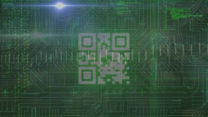 Poster - Animation of line graph over qr code and computer language against circuit board pattern