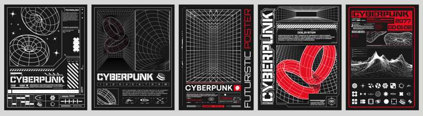 Modern y2k design background cover. Retro futuristic design elements, perspective grid graphic with lines, wireframes, futuristic shape. Black and white retro hud cyberpunk style. Vector illustration