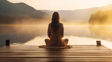 Young girl practice yoga on wooden pier with a view on lake and beautiful landscape. Generative AI