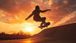 a skateboarder performing tricks in a skate park at golden hour: The dynamic silhouette of a skateboarder mid-air, with the setting sun casting long shadows and enhancing the energy and creativity of 