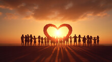 A Group Of People Forming A Heart Shape With Their Hands Against A Stunning Sunset