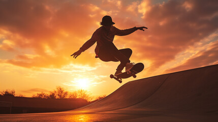 a skateboarder performing tricks in a skate park at golden hour: the dynamic silhouette of a skatebo