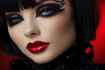 Sticker - Portrait of young woman with red lips and smoky eyes make up