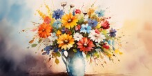 An Oil Painting Of A Watercolor Flower Vase Inspired By Vincent Van Gogh, Portraying Bold Brushstrokes And Vibrant Colors,  Watercolor Flowers In Vase Generative Ai Digital Illustration