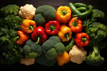 Wall Mural - An overhead view of fresh different vegetables. Bell peppers, herbs, broccoli. Vegetable wallpaper for fresh produce market.