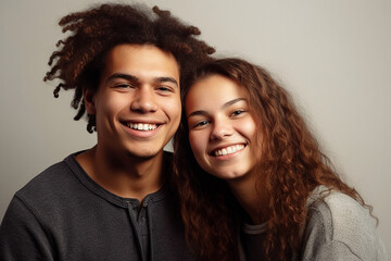 Wall Mural - Young  teenager couple smiling happy at the camera, neutral background