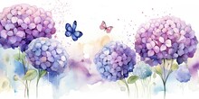 Whimsical Watercolor Art: Purple Aerostat Balloon Flowers, Delicate Hydrangeas, Graceful Butterfly  Purple Watercolor Flowers Generative Ai Digital Illustration