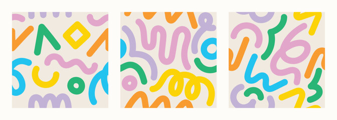 Set of doodle in seamless pattern. Abstract art background vector design with childish scribble, wavy, doodle in vibrant color. Fun creative illustration for kids, fabric, prints, cover.