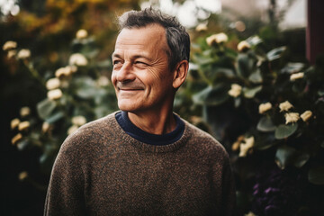 Portrait of a satisfied and pleasing man in his 50s, with comfortable casual wear enjoying himself outside in the garden, botanical background