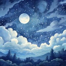 Night Sky And Clouds,night Moon And Stars,illustration Of A Moonlit Night With Stars 