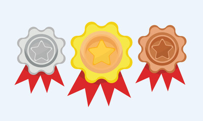 Gold, silver, bronze medal. 1st, 2nd and 3rd place. Trophy with red ribbon.on white background.Vector Design Illustration.