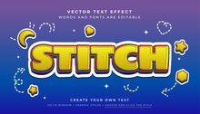 Vector Editable 3D Stitch Text Effect. Yellow Fun Stich Graphic Style On Abstract Blue Background