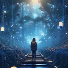 An Illustration Of A Kid With A Backpack Standing In The Middle Of A Tech Forest With Visible Technology Influenced Elements In A Harmonious Blend Of Nature And Innovation