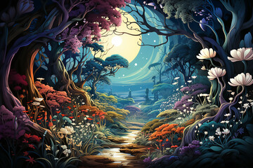 Beautiful landscape of in fairy forest against the backdrop of the moon. Generative AI