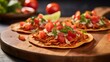 Tinga Tostadas, served on a wooden board, alongside a spicy salsa and lime wedges