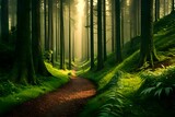 Fototapeta Natura - Wide landscape view of dense green forest with sun rays made with Generative AI