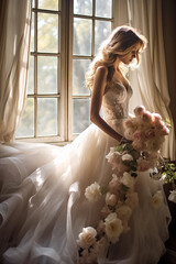 Beautiful bride in a white wedding dress with a bouquet of flowers stands near the window. Luxury vertical close-up photo. Generative AI