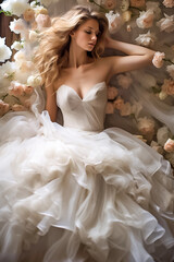 Fashion vertical photo of gorgeous bride with blond hair in luxurious wedding dress posing among flowers. Generative AI
