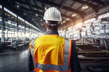 a man wearing safety jackets in the steel factory.  For may day and presentation background. Generative AI