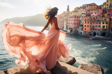 beautiful girl in a pink dress on the background of the old town on sea shore. fashion fotography. g