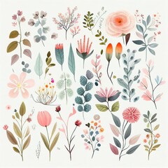 Wall Mural - set of plants, flowers, watercolor style Generative AI