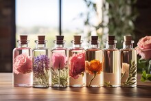 Bottles Of Essential Rose Oil And Flowers On Wood.