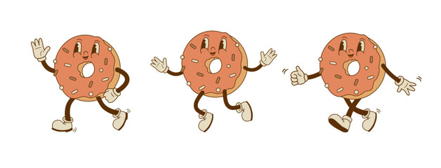 Wall Mural - Set of retro cartoon funny donut characters. Bakery mascot. Vintage street food vector illustration. Nostalgia