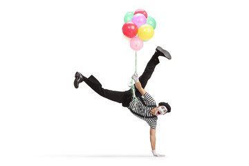 Poster - Mime doing a hand stand and holding a bunch of balloons